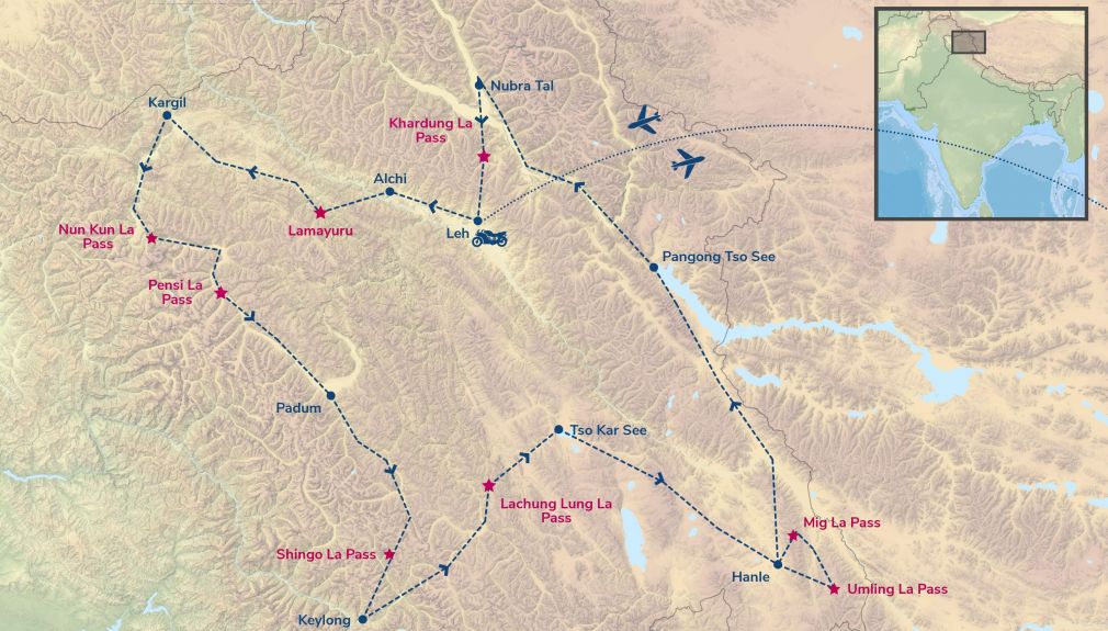 Enduro-Motorradreise Ladakh Experience - Routing himalaya, indien, motorrad, motorradreisen, touren, gruppenreise, rundfahrten, enfield, preiswert, günstig, Delhi, Leh, Alchi, Kargi, Zanskar, Nun-Kun, Padum, Lamayuru, umling la, mig la, Nubra
