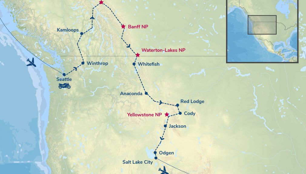 usa, motorrad, motorradreisen, touren, eagle rider, rundfahrten, harley davidson, route 66, gruppenreisen, biker, preiswert, günstig, seattle, winthrop, kamloops, jasper, banff, waterton lakes, whitefish, Anaconda, Red Lodge, Cody, Yellowstone, glacier na