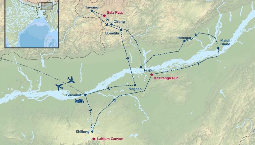 Enfield-Motorradreise Green Hills of India Routing indien, guwahati, gruppen, geführte Motorradreise, günstig, shillong, kaziranga, majuli, itanagar, tezpur, dirang,mandala top, sela pass, tawang, bomdila, nagaon,