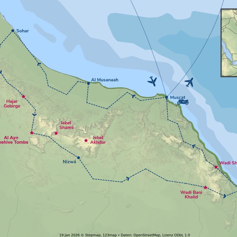 Das Routing der Motorradreise Oman Expedition