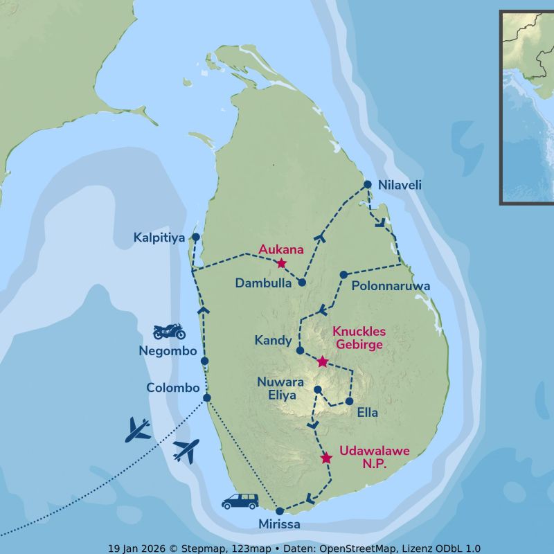 Motorradreisen in Sri Lanka entlang der Küste und über grüne Hügel Routing