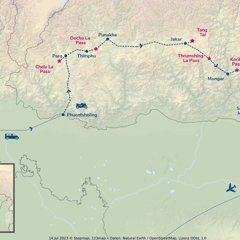 Routing der Enfield Motorradreise durch Bhutan 
