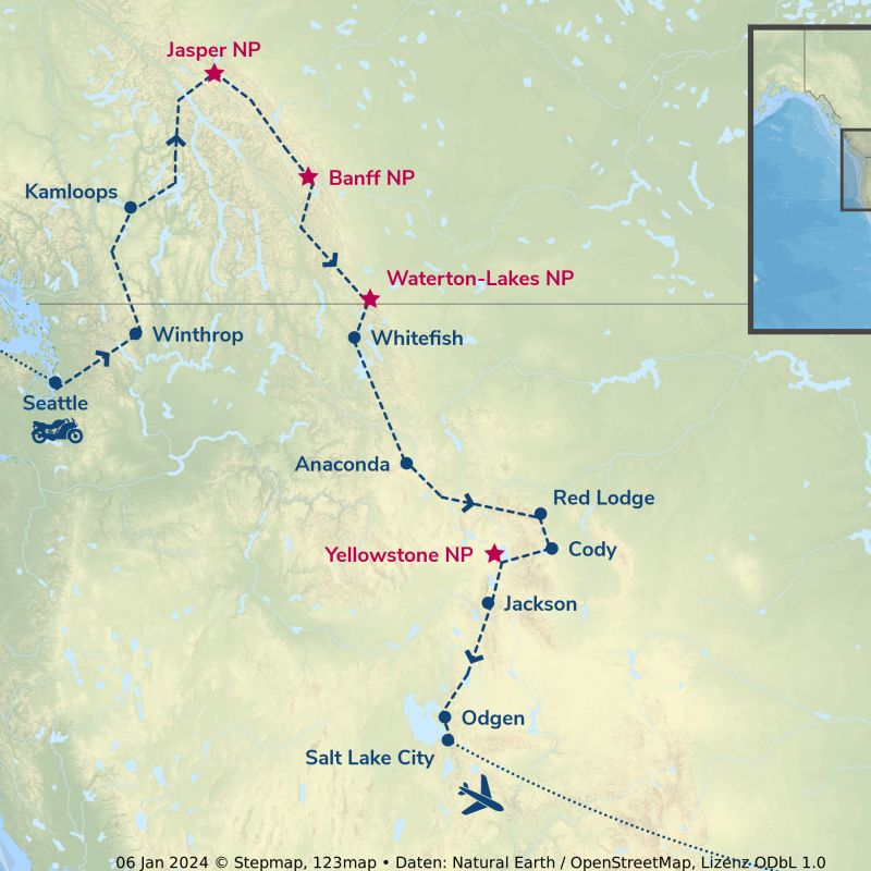 usa, motorrad, motorradreisen, touren, eagle rider, rundfahrten, harley davidson, route 66, gruppenreisen, biker, preiswert, günstig, seattle, winthrop, kamloops, jasper, banff, waterton lakes, whitefish, Anaconda, Red Lodge, Cody, Yellowstone, glacier na