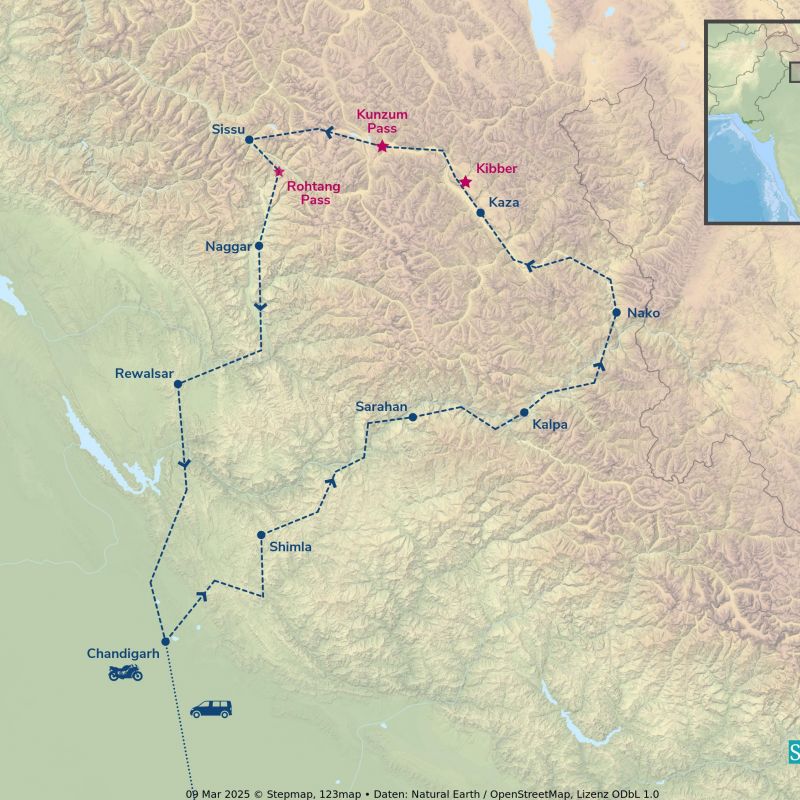 Routing der Enfield Motorradreise Silence of Spiti durch Indien
