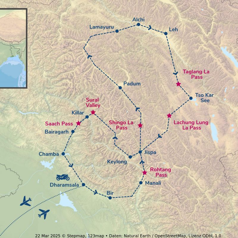 Routing der Enfield Motorradreise Transhimalayan Adventure durch Indien