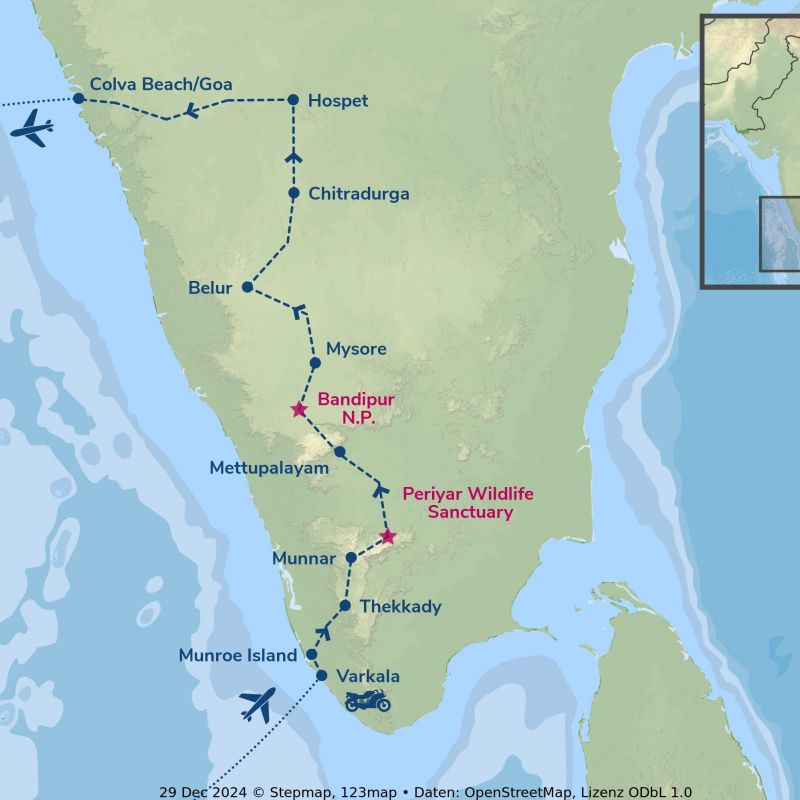 Routing der Enfield Motorradreise Goa Ride durch Indien