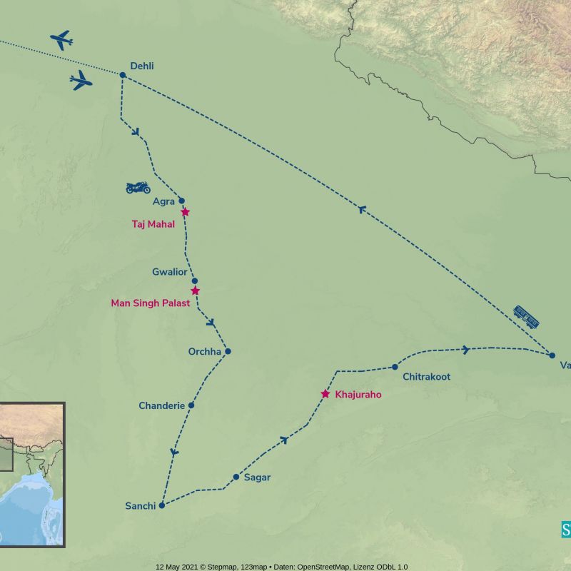 indien, motorrad, motorradreisen, touren, gruppenreise, rundfahrten, enfield, preiswert, günstig, Delhi, Agra, Gwalior, Orchha, Chanderi, Sanchi, Sagar, Khajuraho, Varanasi