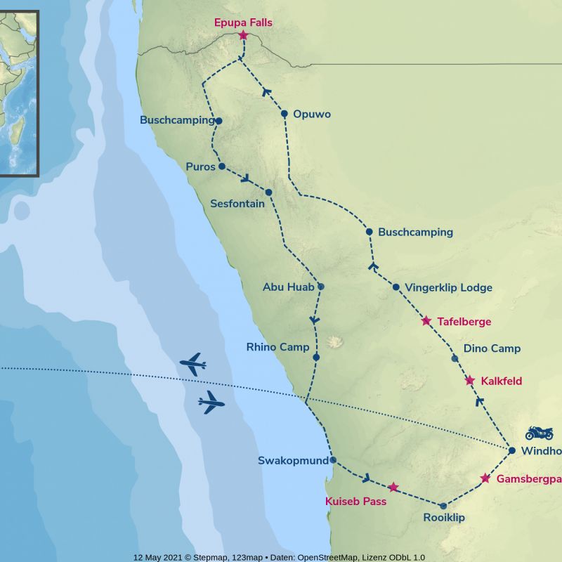 nambibia, afrika, motorrad, motorradreisen, touren, gruppenreise, rundfahrten, enduro, preiswert, günstig, wüste, himba, busch, berg, Windhoek, vingerklip, Opuwo, Ovahimba, Epupa Falls, Puros, Sesfontein, Aba, Palmwag, Aba Huab, Swakopmund, Rooiklip, Walv