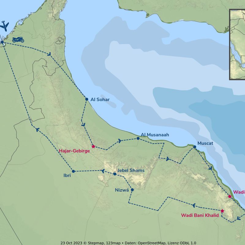 mittlerer osten, oman, motorrad, motorradreisen, touren, gruppenreise, rundfahrten,  preiswert, günstig, wüste, Dubai, Sohar, Hajar Gebirge, Al Musanaah, Muscat, Sur, Wadi Shab, Wadi Bani Khaled, Nizwa, Jabel Shams, Al Hamra, Misfakh, Ibri