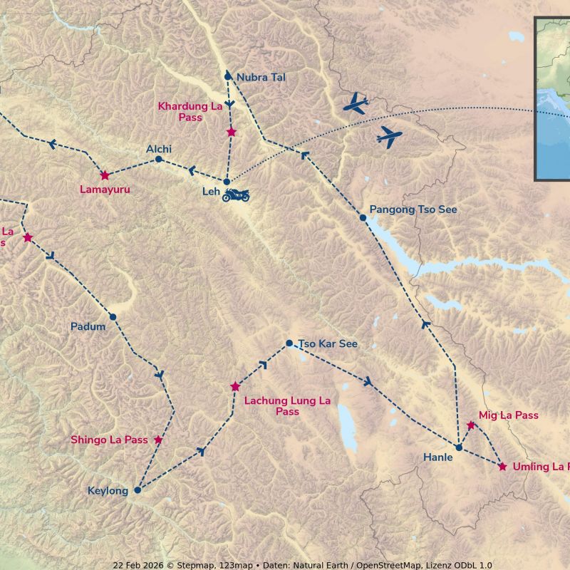 Enduro-Motorradreise Ladakh Experience - Routing himalaya, indien, motorrad, motorradreisen, touren, gruppenreise, rundfahrten, enfield, preiswert, günstig, Delhi, Leh, Alchi, Kargi, Zanskar, Nun-Kun, Padum, Lamayuru, umling la, mig la, Nubra
