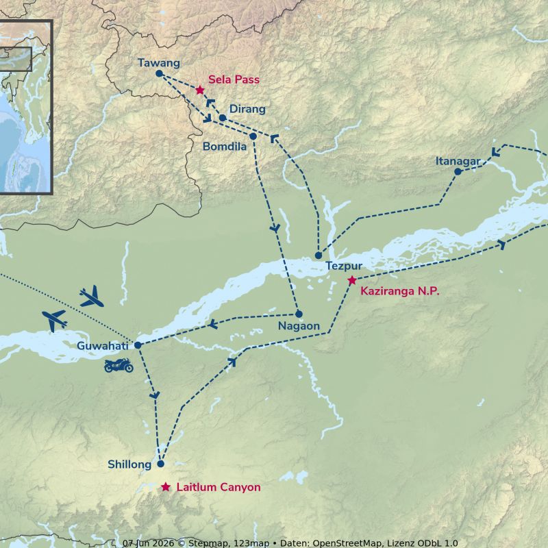 Enfield-Motorradreise Green Hills of India Routing indien, guwahati, gruppen, geführte Motorradreise, günstig, shillong, kaziranga, majuli, itanagar, tezpur, dirang,mandala top, sela pass, tawang, bomdila, nagaon,