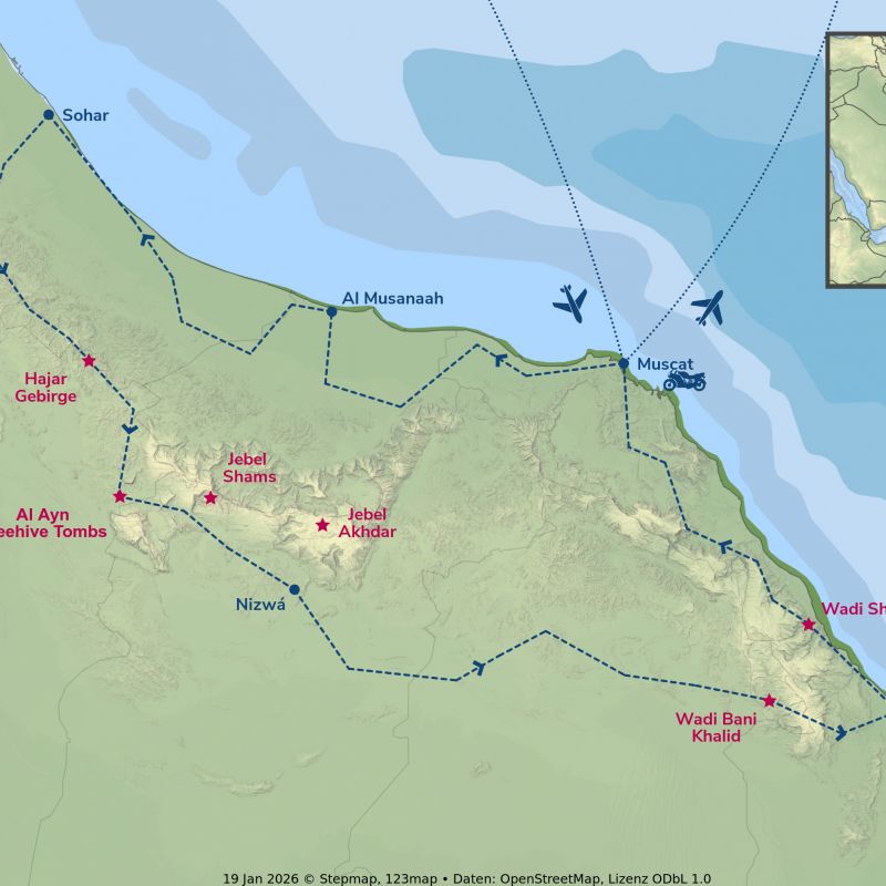 BMW-Tour Expedition Oman - Routing oman, muscat, motorradreise, motorradrundreise, Nizwa, Sur, Wadi, Musanaah, Sohar, Jebel Shams, Jebel Akhdar, preiswert, günstig